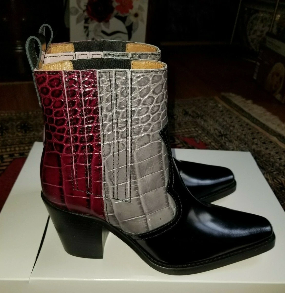 NEW GANNI Leather Colorblock Western Faux Croc Aligator Ankle Booties 37 U.S 7