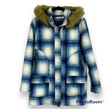 Justfab. Plaid Hooded Faux Wool Coat/jacket. Blue. Medium.