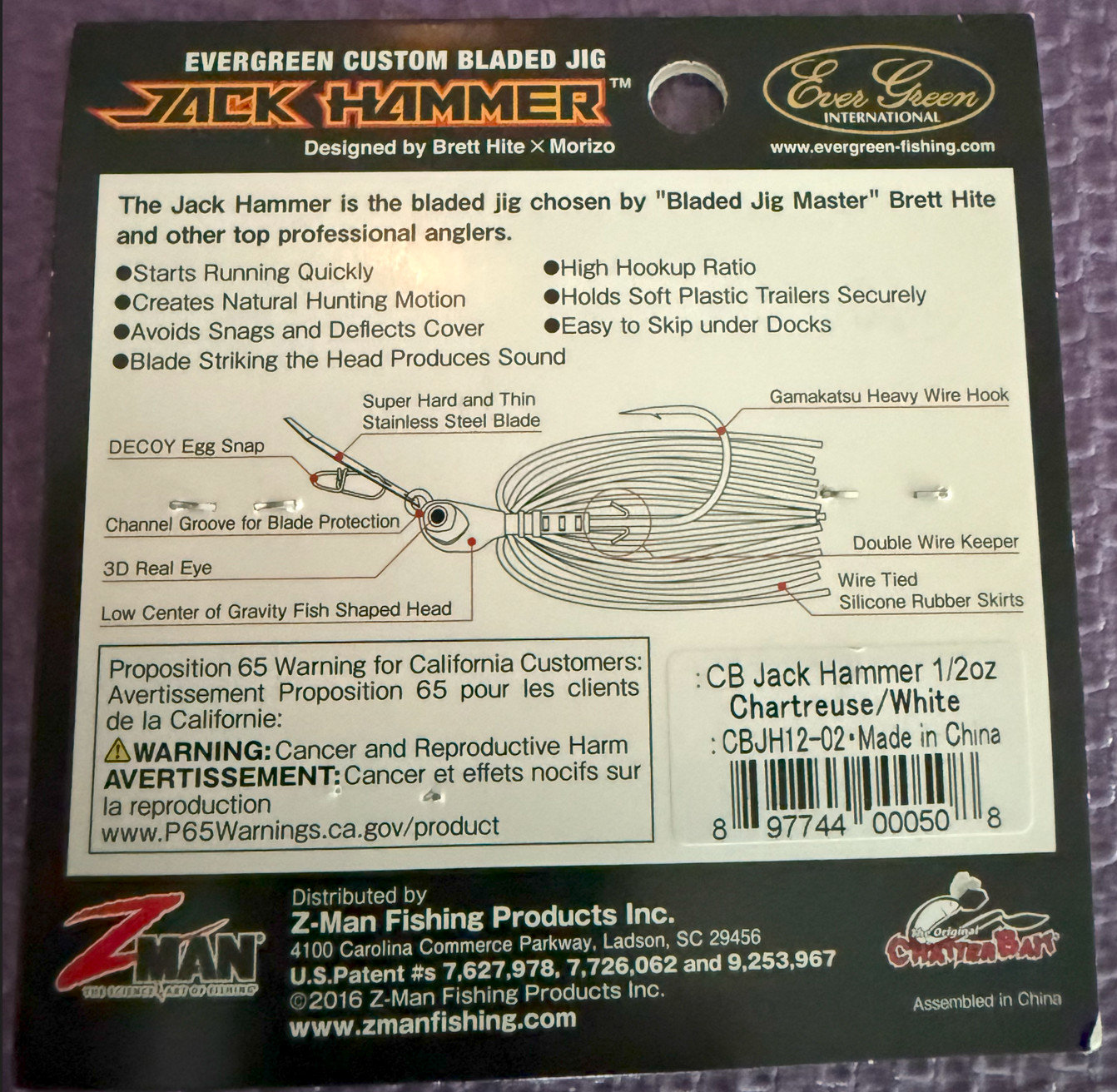 Z-man Evergreen Jack Hammer Chatterbait 1/2 oz Chartreuse/White Shad - Image 2