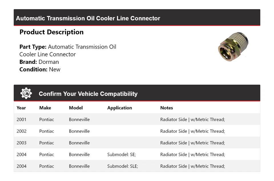 Conector de línea de enfriador de aceite para Pontiac Bonneville Dorman AT 2001-2004 2002 2003 Foto 2 de 4