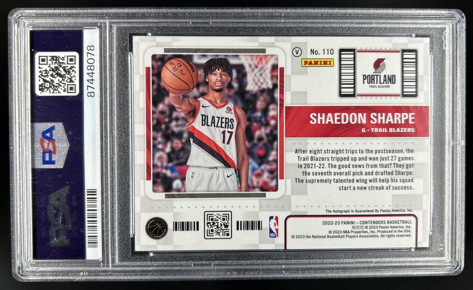 2022-23 Contenders Shaedon Sharpe Cracked Ice Rookie SP Auto VAR #/25 PSA 9 view 2