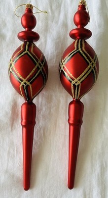 VTG Regency Finial Ornaments 2 Pieces Gold Red Black Plaid 11  Shatterproof