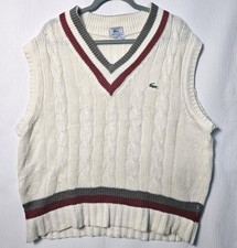 Vintage 80s IZOD Lacoste Cable Knit Cricket Vest L Cream Burgundy Hong Kong