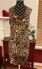 Express Leopard Animal Print Dress Draped Neck Ruched Size Zip Size 8 LN Perfect