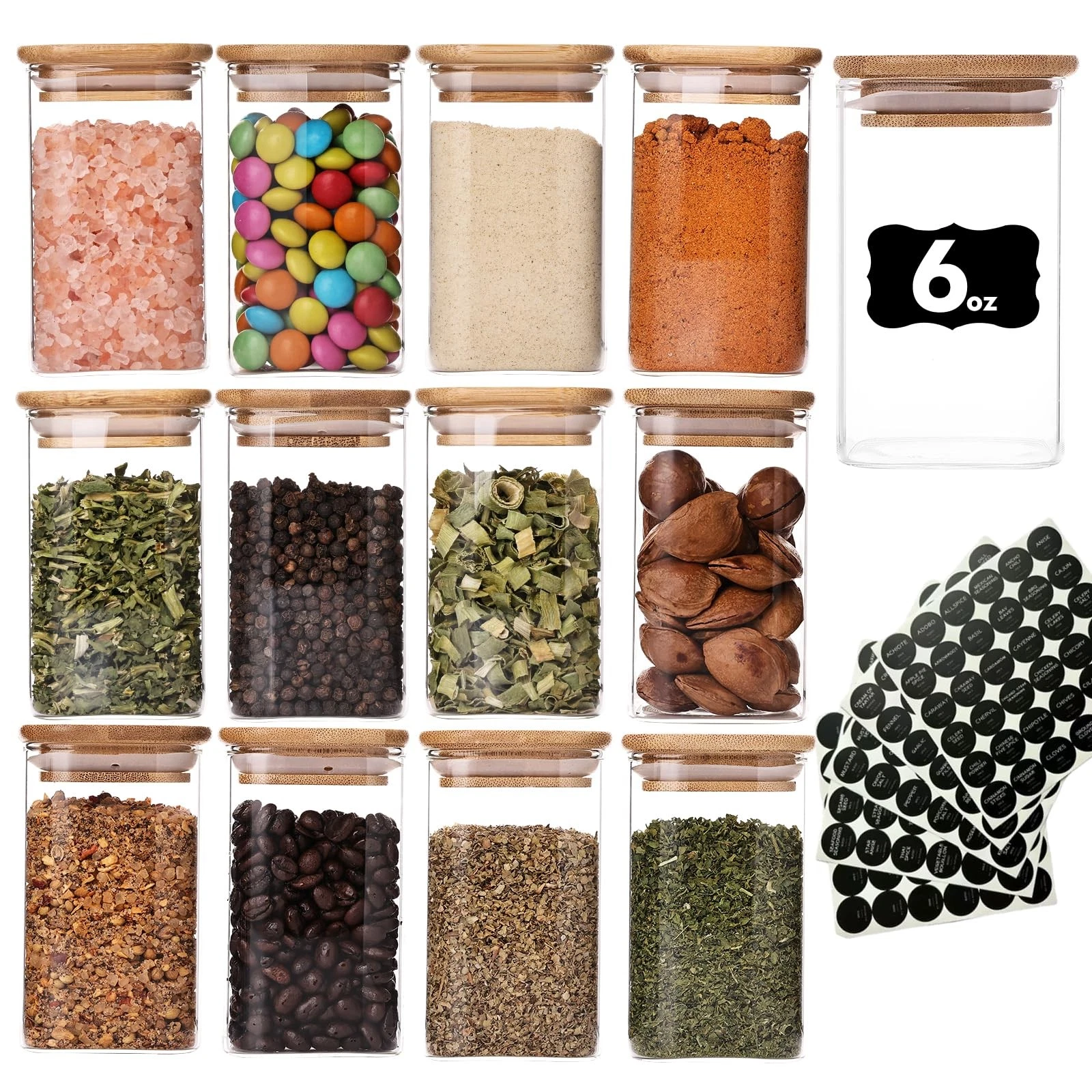 6oz Glass Spice Jars with Lid and Label, 12 Pack Square Glass Container, Smal...