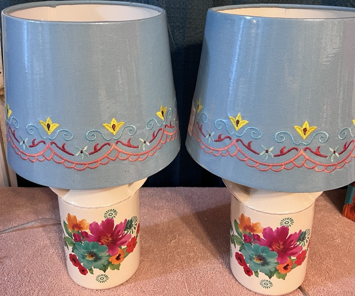 Pioneer Woman Floral Ceramic Table Lamps with Blue Drum Shades, Painted Base