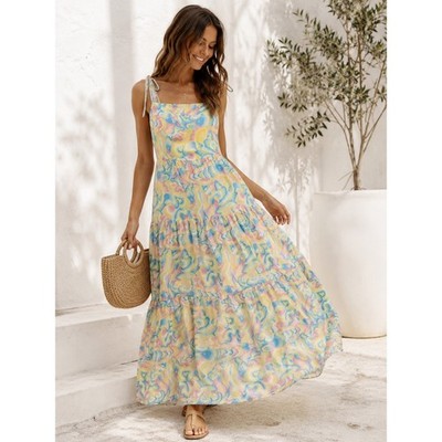 Kenny Flowers Maxi Dress Small Multicolor Excellent Tiered Swirl Tie Straps