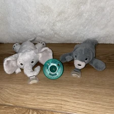 Lot of 2 Avent Soothie Pacifier Holders Snuggler Soother Plush Elephant & Seal
