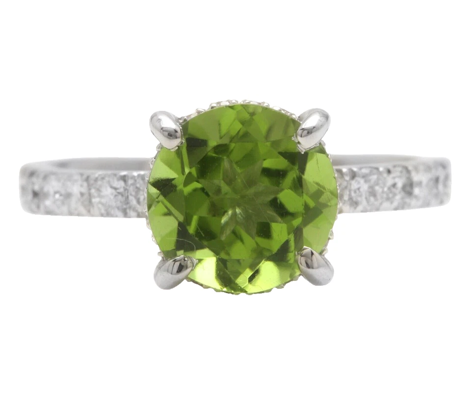 Engagement 2.50 Carats Natural Green Peridot Halo Ring In Solid 14K White Gold - Image 2 of 4