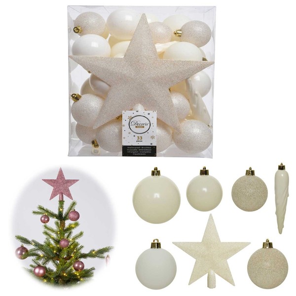 33 Weihnachtskugeln Zapfen Stern Woll-Weiß 5-8Cm Set Baumspitze Christbaum Deko-image