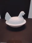 Vtg. Indiana White Milk Glass Chicken Hen on Nest Covered Bowl Candy Dish 7”