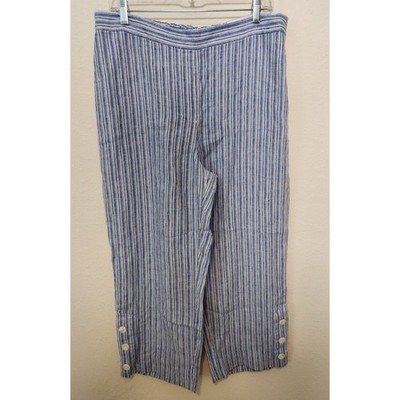 Chicos Linen Crop Straight Pants 2 12 NWT Blue Button Cuff Pockets Coastal Beach