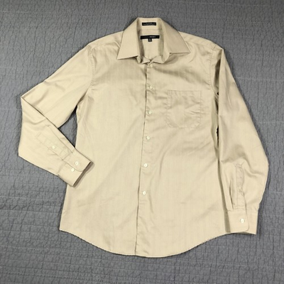 #ad #ad John Henry Shirt Men Medium 15.5 34 35 Beige Stripe Fitted Dress Long Sleeve $19.96