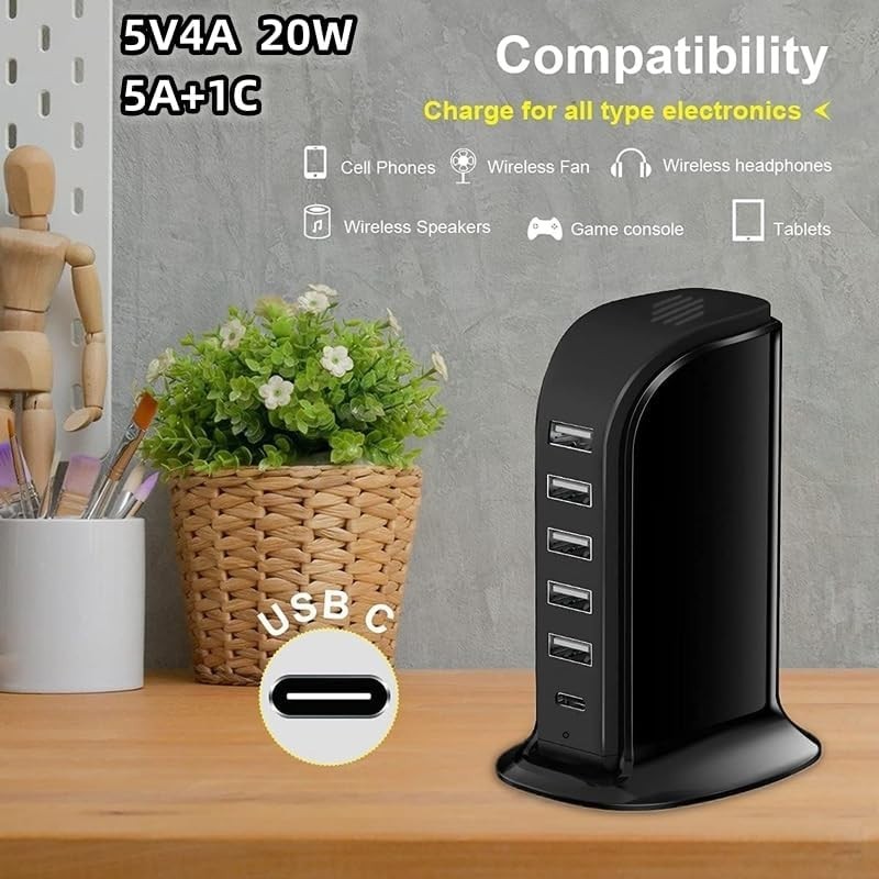 USB Charging Station for Multiple Devices, Multiport Charger Tower, USB-C Port S