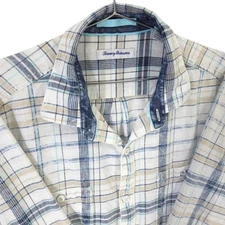 Tommy Bahama Shirt Mens L Blue Tan Plaid Wash Out Button Up Long Sleeve Casual