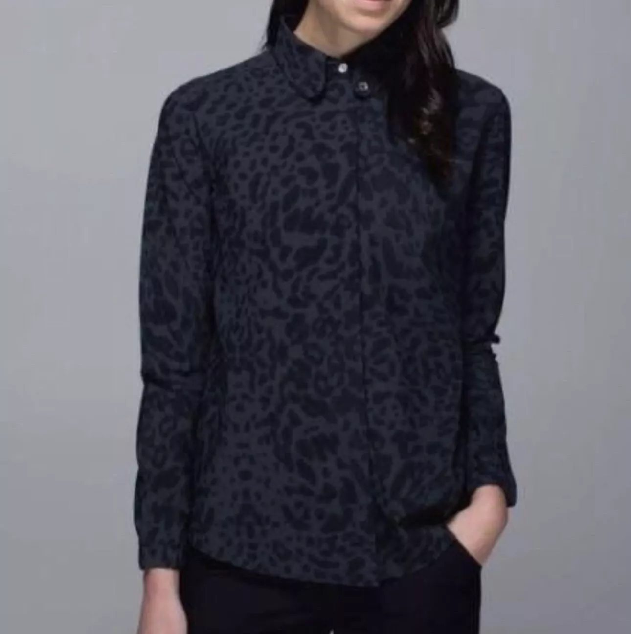 lululemon day trip blouse button-up deep coal animal shirt