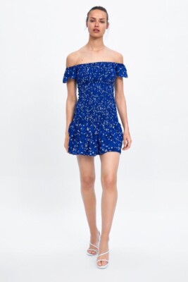 New With Tags ZARA Floral Shirred Off Shoulder Mini Dress Size M #32490