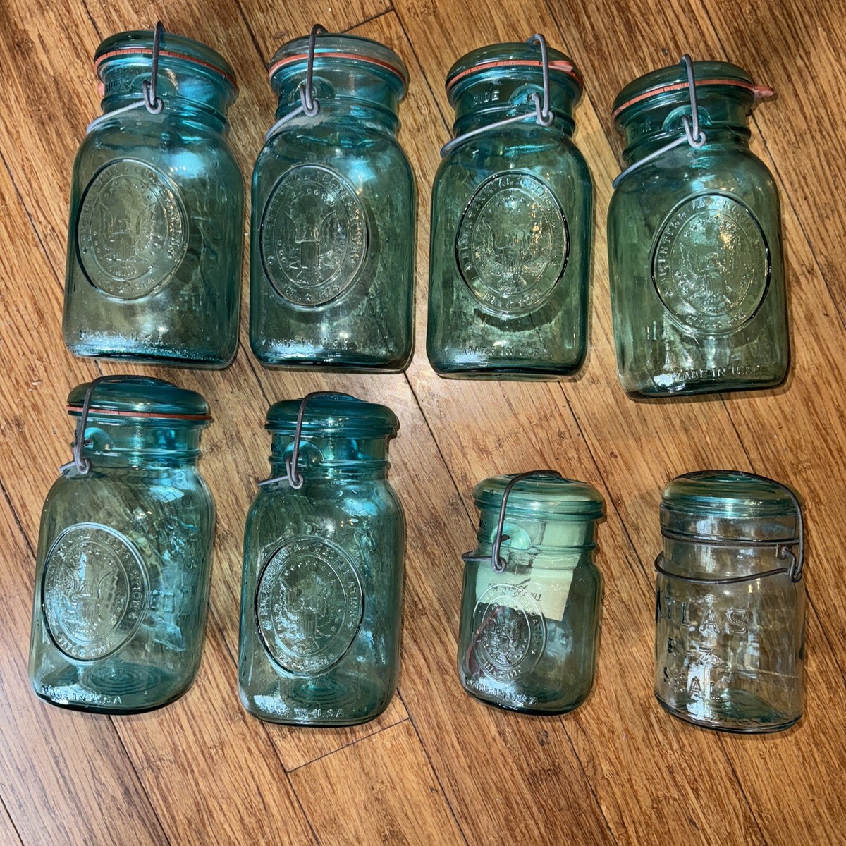 Vintage Set of 8 Aqua Blue Glass Ball IDEAL Mason Jar Bicentennial