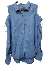 Rails Romy Indigo Linen/Tencel Cold Shoulder Tie-Sleeve Button-Up Shirt Size L