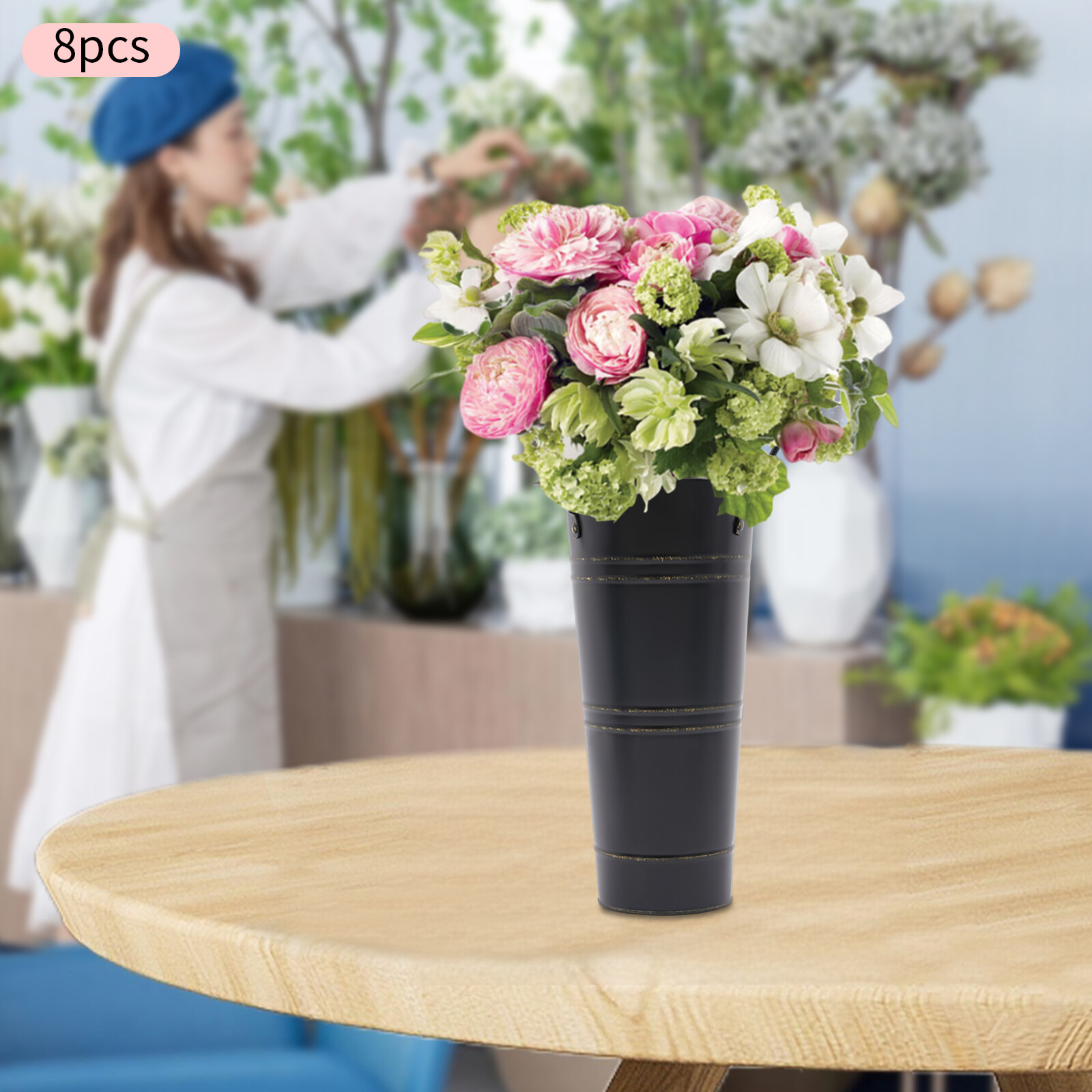 8PCS Galvanized Metal Vases Flower Bucket Vases, Black Flower Vases for Bouquet