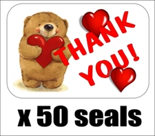 50 Cartoon Bear w/ Hearts Thank You Envelope Seals /Labels / Stickers, 1" x 1.5"