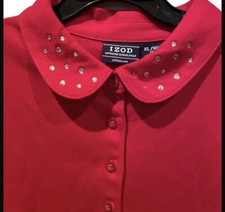 NWT Izod Girls Shirt XL 18 Red School Uniform Short Sleeve Rhinestone Collar New