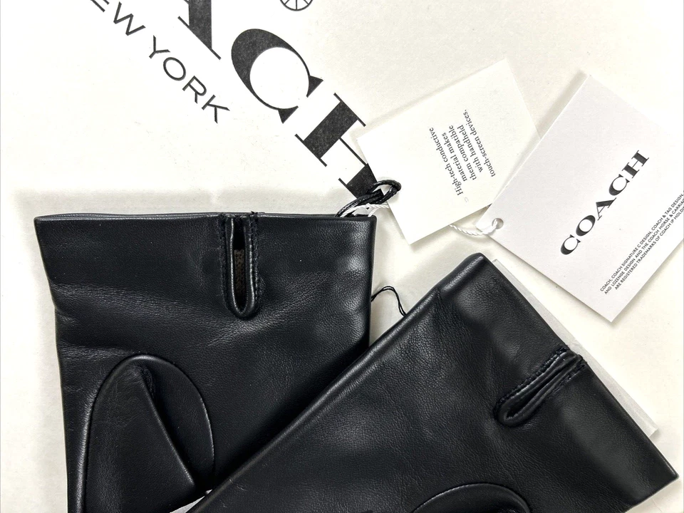 NOVO COACH Tamanho M Luvas Masculinas Couro Preto Em Relevo 100% Lã Forrada TECH $148 - Imagem 4 de 4