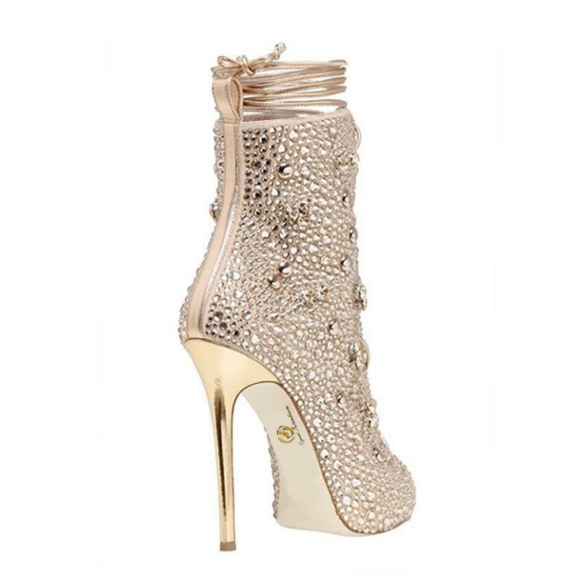 Rhinestone Women's Suede Ankle Boot Pumps Shoes Peep Toe