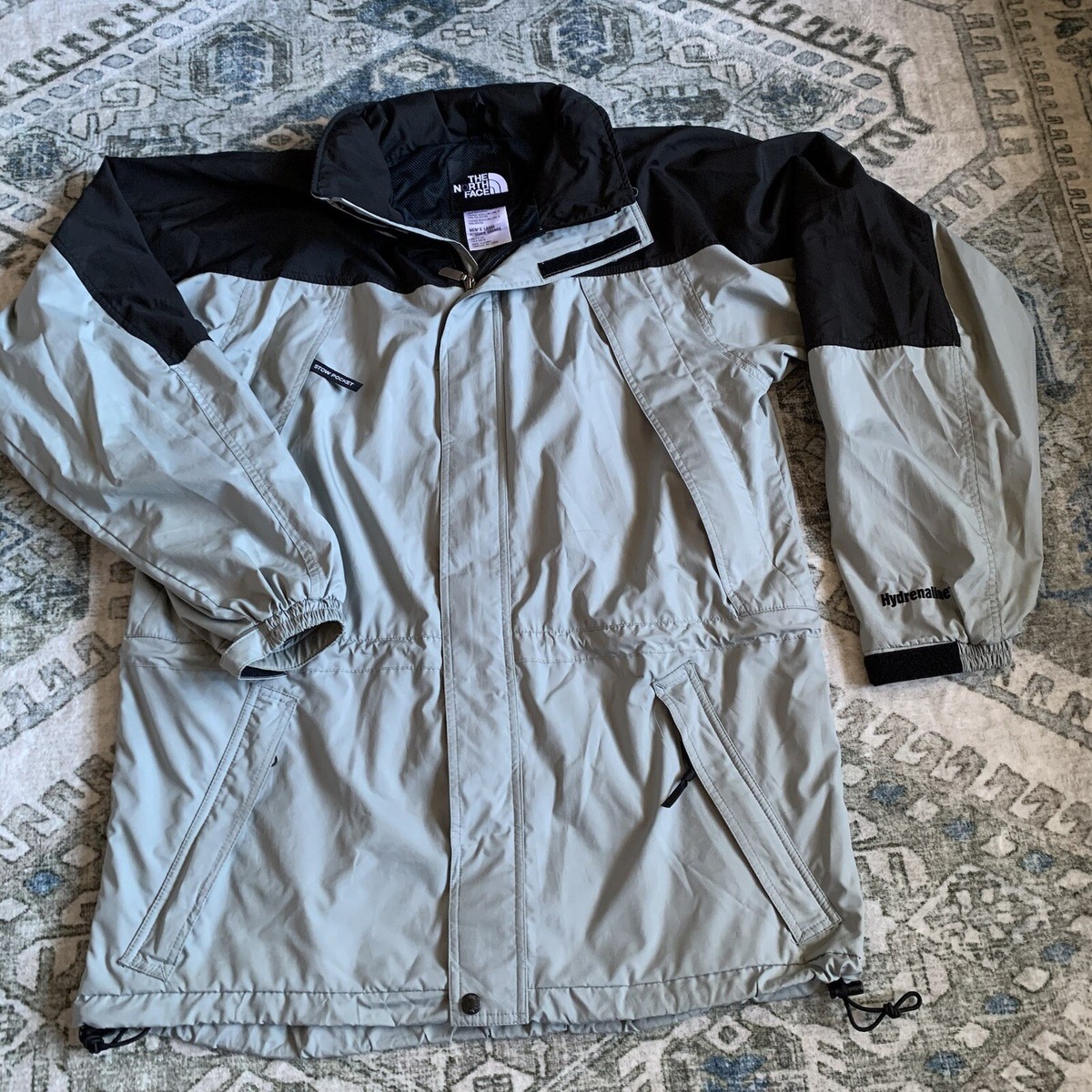 North Face Jacket Mens Large Grey Black Coat Foldable Hood