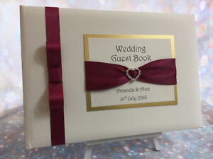 PERSONALISED WEDDING GUEST BOOK DIAMANTE HEART BUCKLE WHITE/IVORY BOOK WITH BOX