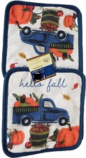 2 Same Printed Kitchen Potholders,HARVEST,BLUE TRUCK W/PUMPKINS,HELLO FALL #2,GR