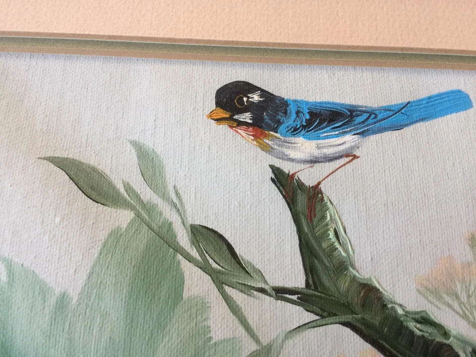 Pintura acrílica original japonesa/china vintage flor y pájaro, enmarcada Foto 2 de 4