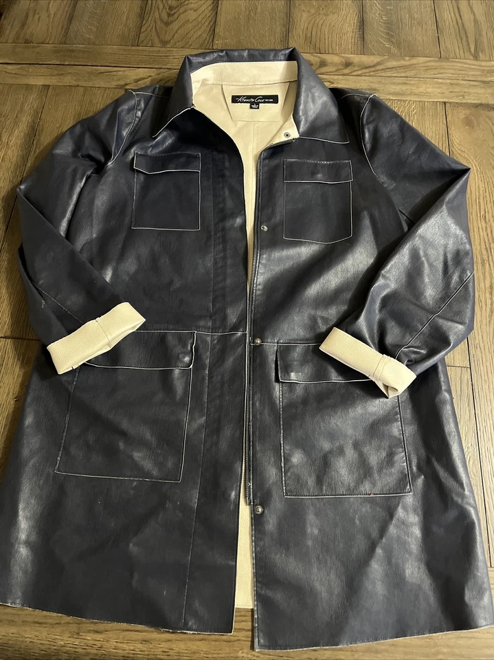 Nuevo abrigo para mujer Kenneth Cole New York imitación cuero coche 4 bolsillos azul marino Foto 2 de 4