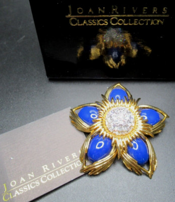 JOAN RIVERS Blue Lucite Cabochon Rhinestone Flower Brooch In Original Box!