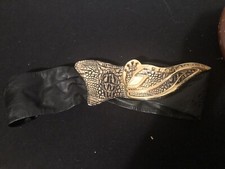 Vtg 80  s Black Women Gold Snake Style Metal Buckle Vinyl Belt 15  Across
