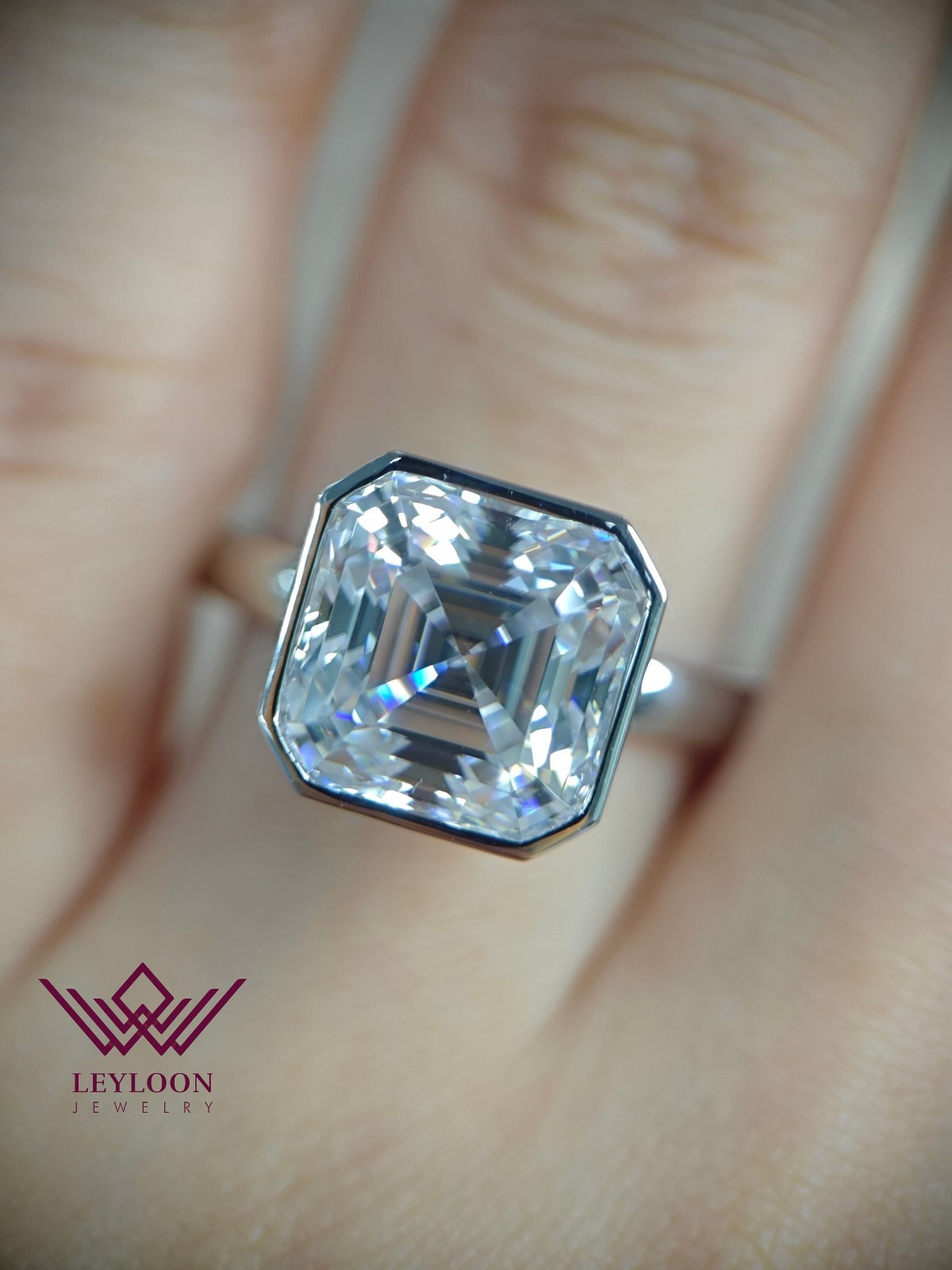 5 Carat Asscher Cut Bezel Euro Shank Solitaire D Colorless 10K Moissanite Ring