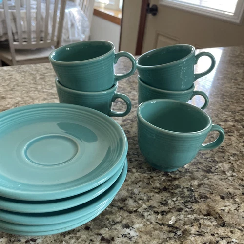 Set of 5 Fiesta Ware Turquoise Aqua Coffee Cup Saucer Set Fiesta HLO USA Mint!!