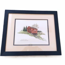 The Shortest Bridge, Farm Bridge VT Clark Goff Colored Print 1973 Wood Frame