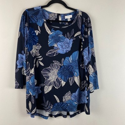 Susan Graver Liquid Knit Top Size Large Navy Blue Floral Hi Low Hem 3/4 Sleeves