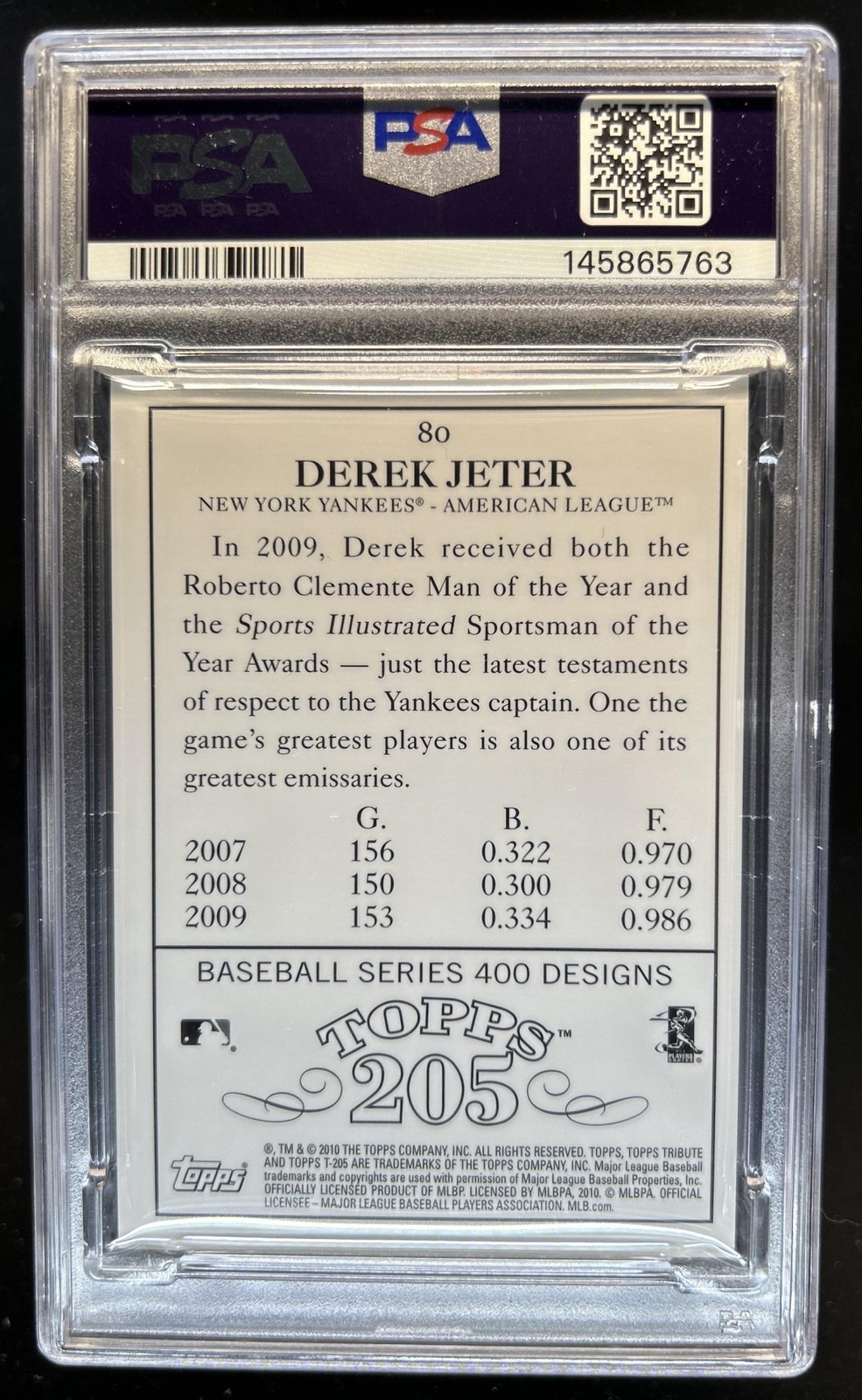 2010 Topps Tribute Derek Jeter Black #/99 New York Yankees PSA 7 view 2