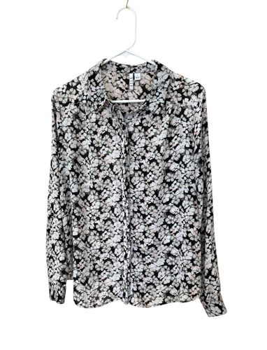 Elle Women's Floral Button Up Long Sleeve Blouse Black White Pink Size Large - Picture 2 of 6