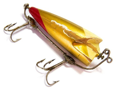 #ad Bite Em Bate Vintage Wood Rotating Bait Fishing Lure White Gold Red Read $59.99