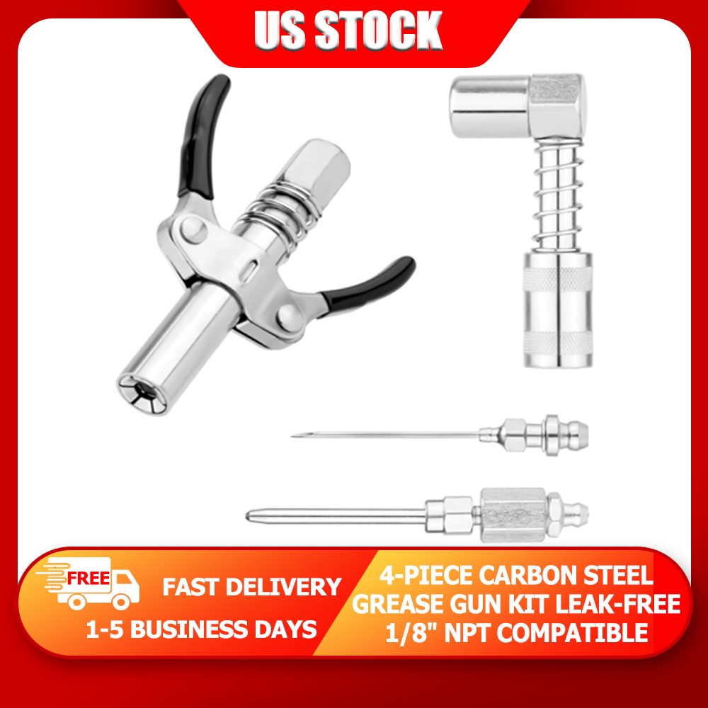 Heavy-Duty Carbon Steel Grease Gun Kit 4-Piece 1/8"NPT Leak-Free Connections