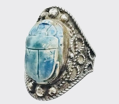 Art Deco Sterling Silver Egyptian Revival Blue Faience Scarab Ring c1930s Size 8