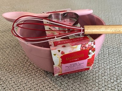 NEW Pink Ceramic Mixing Bowl Love Heart Baking Utensil Set Spoon Whisk Cutter