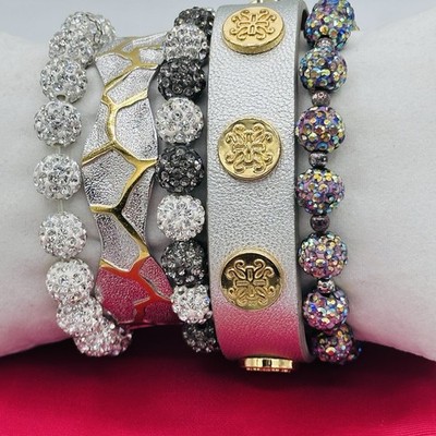 Rustic Cuff Bracelet Stack Lot 5 Silver Gold Crystal Pave Leather Cuff Pouch