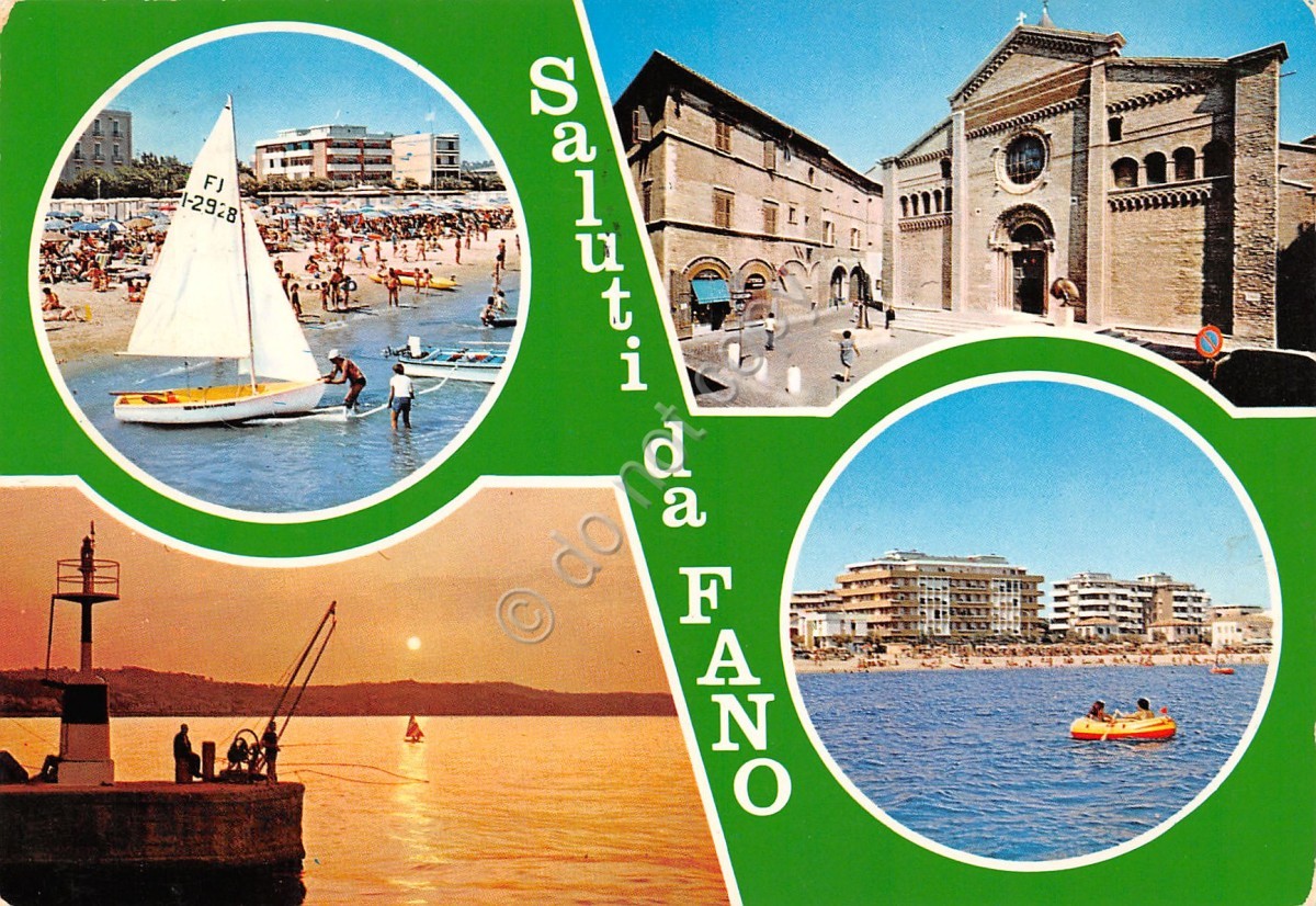 Cartolina Fano vedute varie e spiaggia