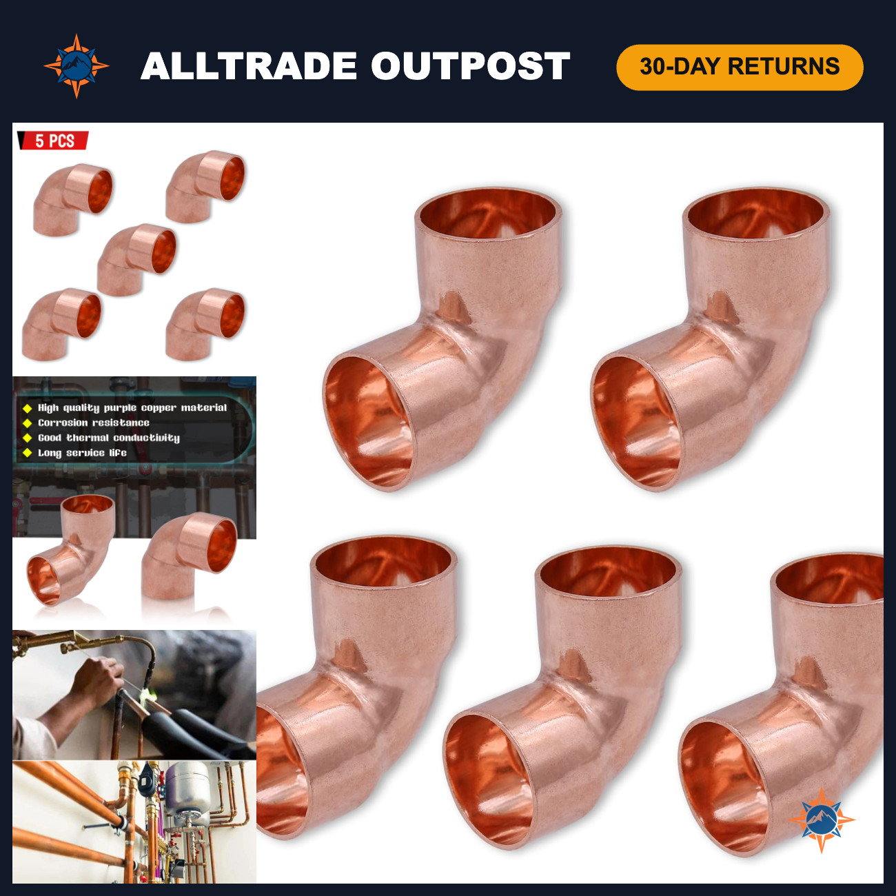3/4" Copper Elbow Fitting - 90 Degree Welding Joint for HVAC, Pack of 5