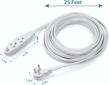 25Ft white 3 Prong Extension Cord Flat 3-Outlet Heavy Duty Power Strip Angled