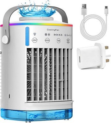 Tragbarer 5-in-1 Luftkühler Ventilator, Dual Ice Mist Kühlung, 7 Farben Licht, 12H